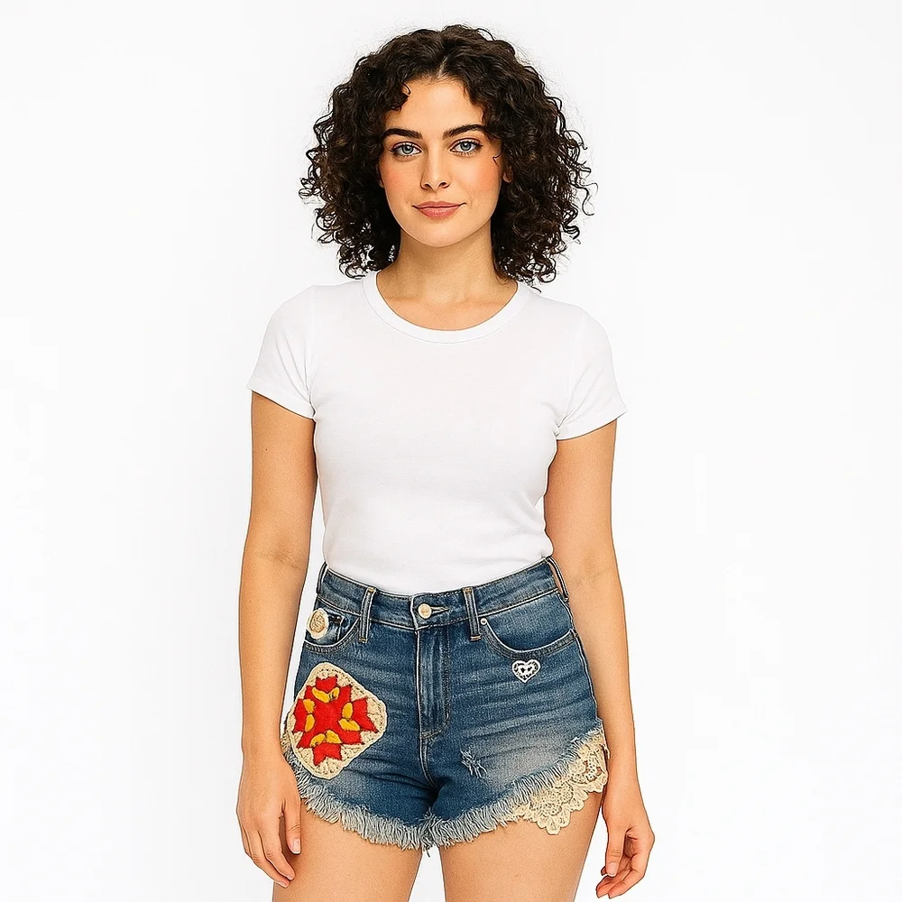 Hand Crafted Upcycled Denim Crochet Shorts Granny Square Handmade High rise 29 - Picture 3 of 17